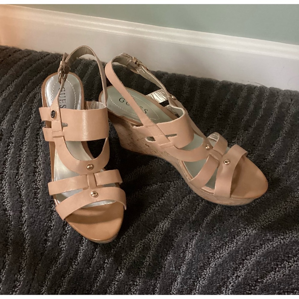 Guess leather cork wedge sandals w brass accents. Like new!